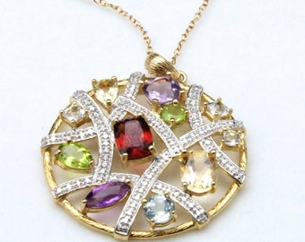 Vintage Multi Gemstone Round Pendant Necklace Sterling Silver Gold Topaz Garnet