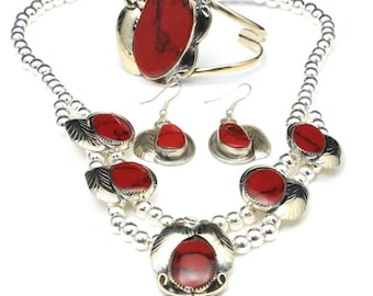 Artisan Made Mexican Silver w/ Red Turquoise Gems Necklace Earrings Bracelet Set