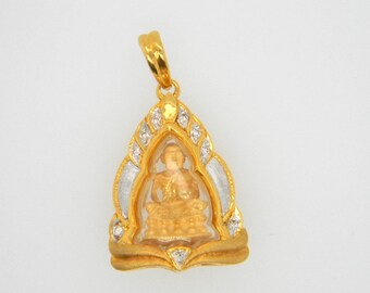 14k Yellow Gold Diamond Thai Buddha Amulet Pendant Necklace 3D Encased 5.2g