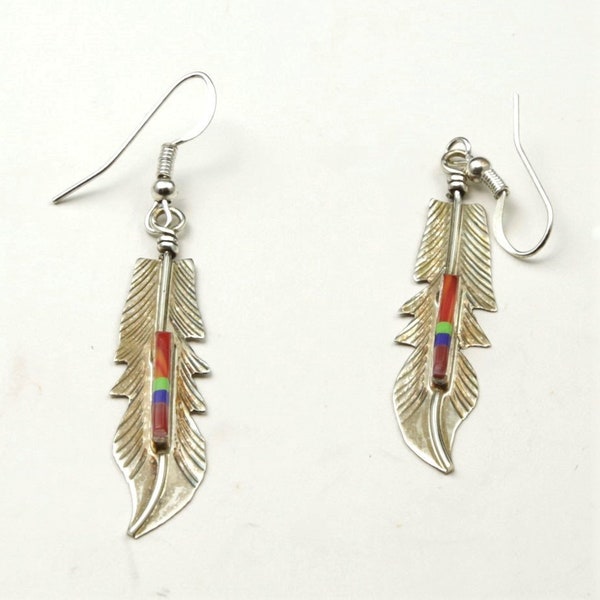 Artisan Allen Barney Navajo Multi Stone Sterling Silver Feather Dangle Earrings