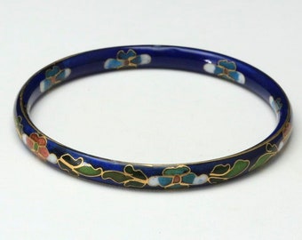 ヴィンテージ中国製ダークブルーホワイト七宝焼き花バングル