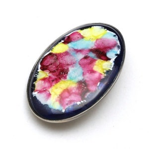 Vintage Artisan Mid Century Modern Colorful Enameled Abstract Oval Pin Brooch