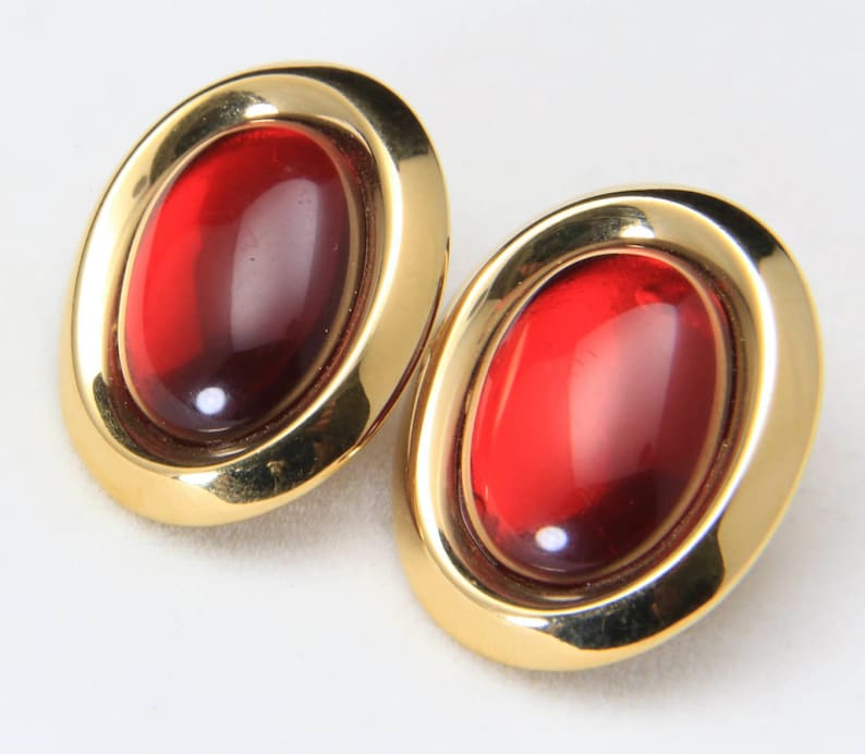 Vintage Monet\u00a9 Gold Tone and Large Red Cabochon Clip Earrings Retro