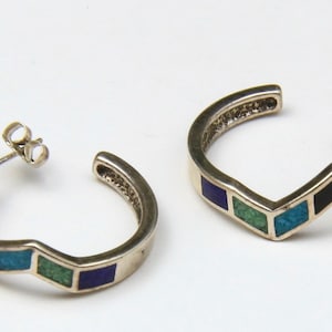 Vintage Inlay Multi Stone & Sterling Silver Earrings Geometric Unique Signed