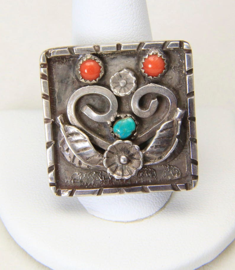 Vintage Unique Large Sterling Silver Square Platform Turquoise Coral Ring Sz 13 image 1