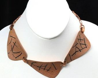 Vintage Modernist Textured Copper & Enamel Abstract Necklace Statement Choker