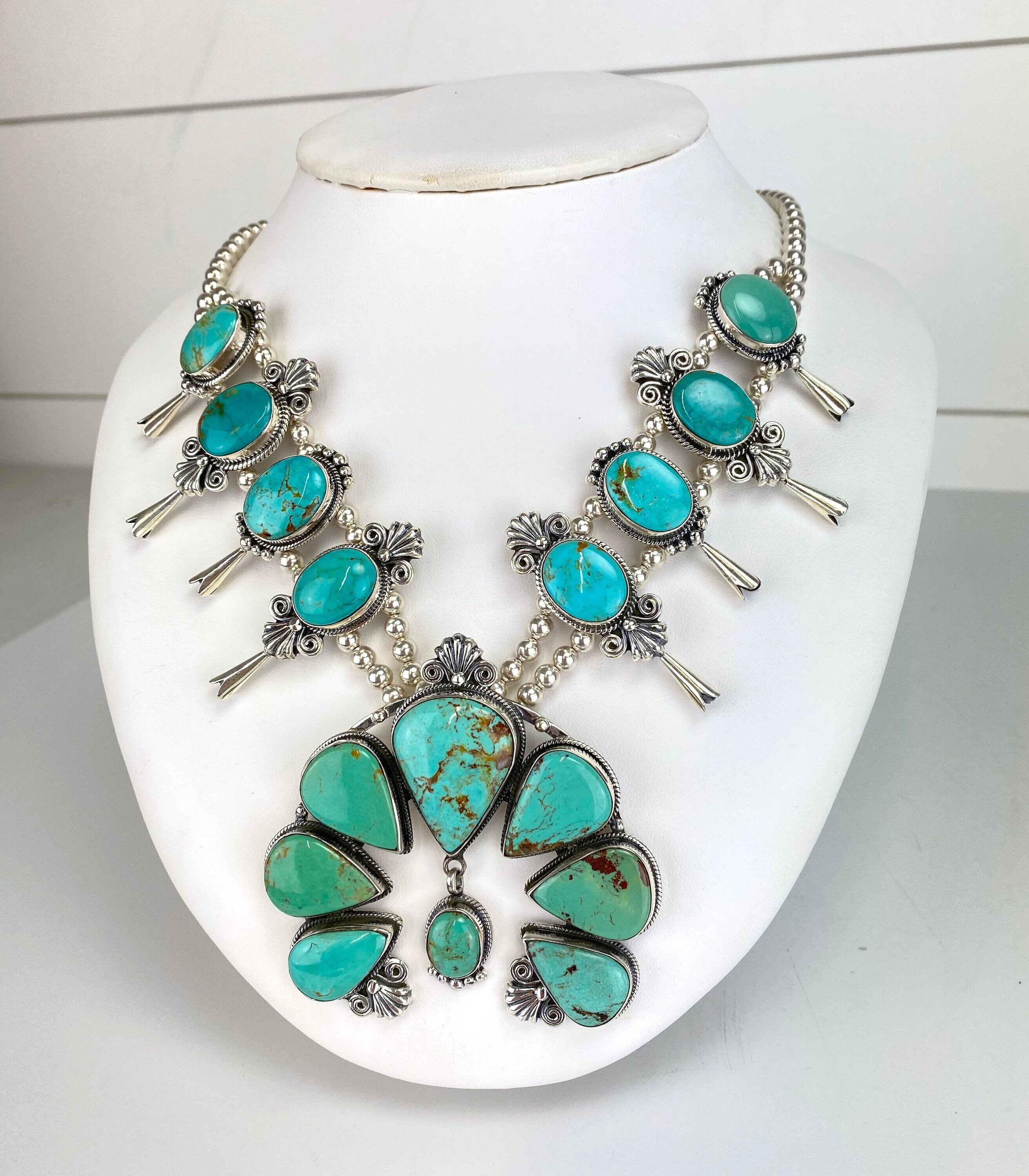 Vintage Navajo Squash Blossom Necklace, Natural Blue Turquoise