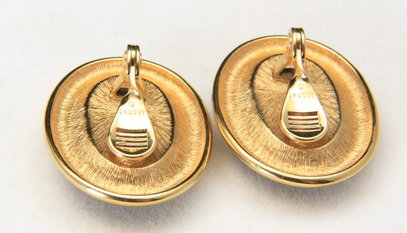 Vintage Monet\u00a9 Gold Tone and Large Red Cabochon Clip Earrings Retro