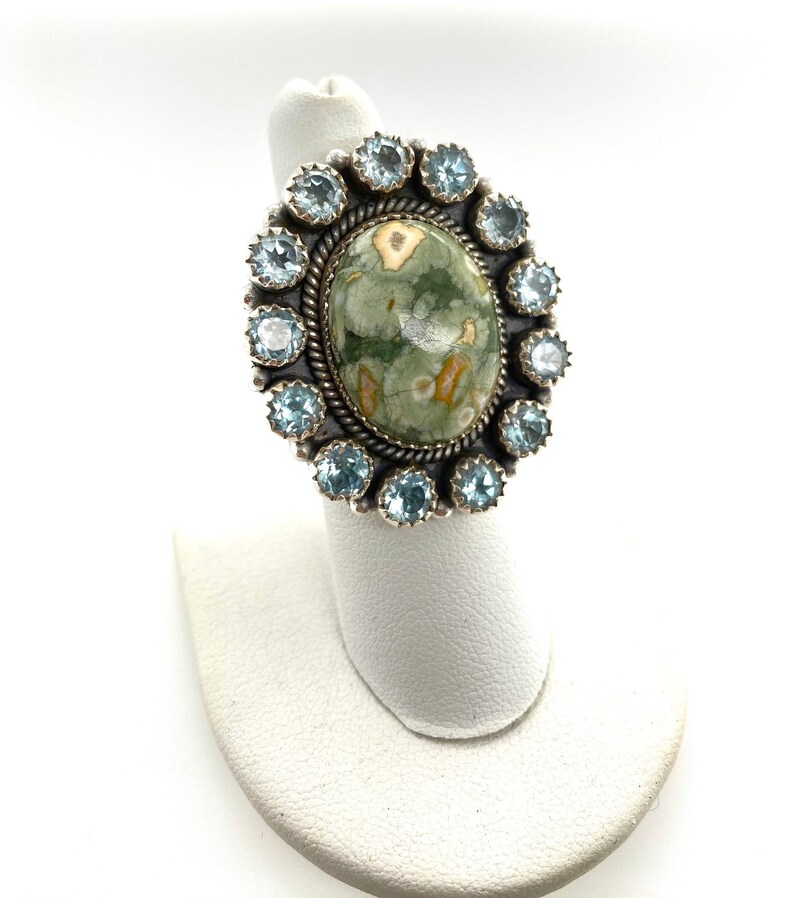 Artisan Green Ocean Jasper Aquamarine & Sterling Silver Ring Sz 7.75 Adjustable image 1