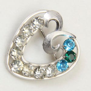 Vintage 50s Curtis Jewelry Sterling Silver Blue Rhinestone Heart Brooch Pin Love