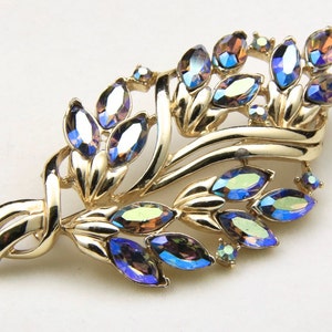 Vintage 1960s Aurora Borealis Rhinestone Leaf Tree Brooch Retro Costume Jewelry
