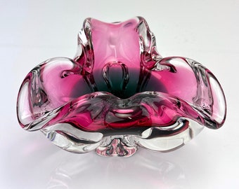 Vintage Murano Swung Tulip Art Glass Ashtray Dish Vase Pink Teal Mid Century Modern