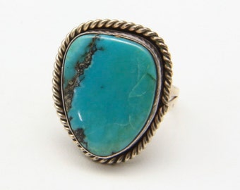 Vintage Sterling Silver Twisted Rope Detail Turquoise Ring Size 9.5 Southwestern