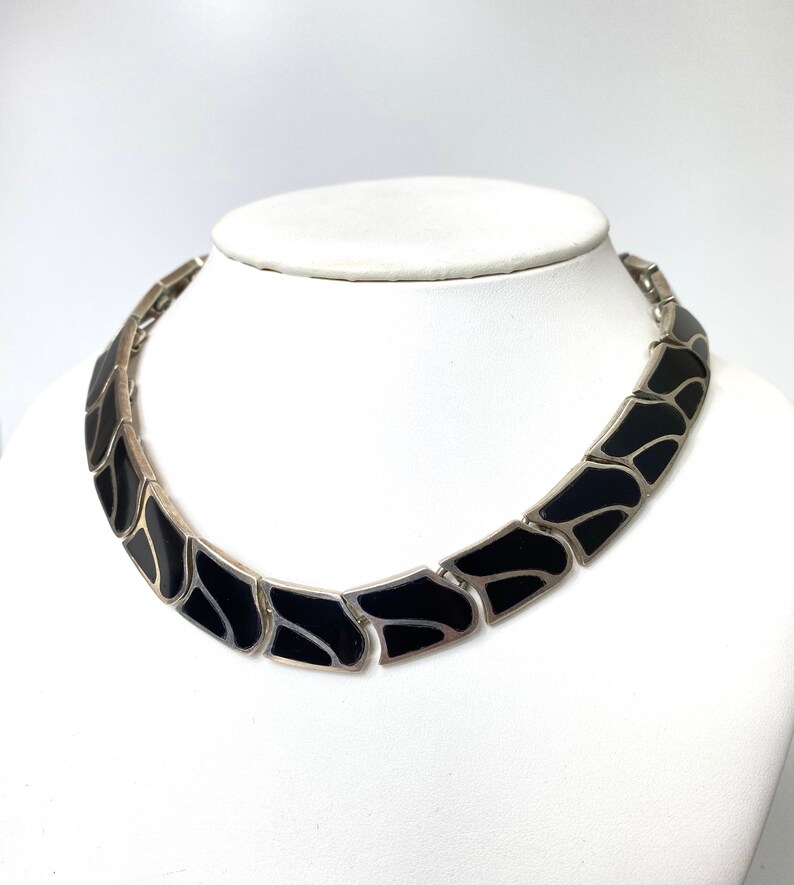 Vintage Taxco 950 Sterling Silver Black Onyx Inlay Hinged Modern Necklace TL-105 image 1