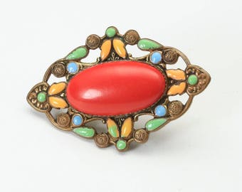 Vintage Antiqued Gold Tone Red Center Enameled Art Deco Style Pin Brooch