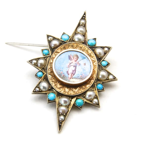 Antique Victorian 1890s 10kt Gold Handpainted Fairy Cherub Star Pin Brooch Turquoise Seed Pearl