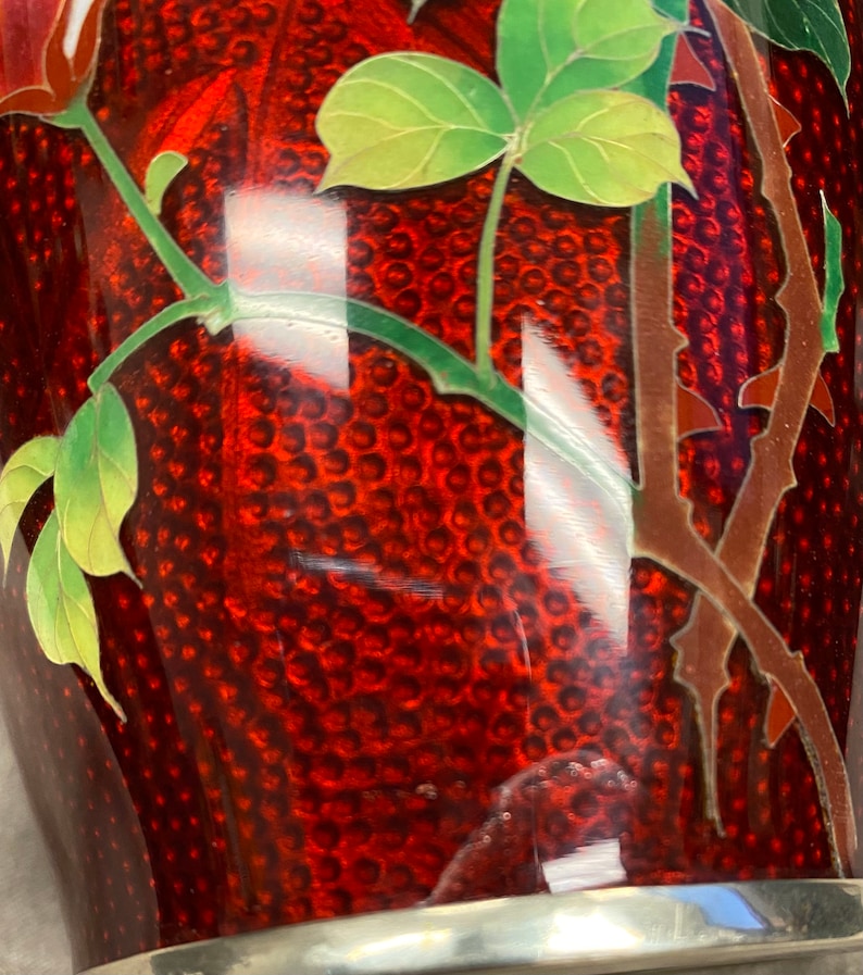Vintage Pair Japanese Red Pigeon Blood Cloisonne Enamel Vase Rose Bamboo Bird image 10