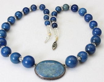 Vintage Denim Lapis Bead & Pendant Necklace Blue Stone Strung Old Gold Filled