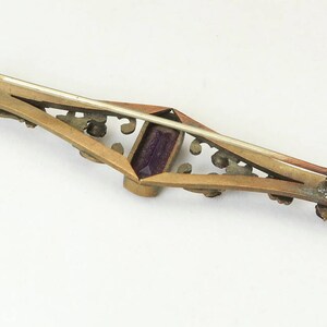 Vintage Victorian Brass Flower and Amethyst Glass Gem Bar Brooch Pin image 3