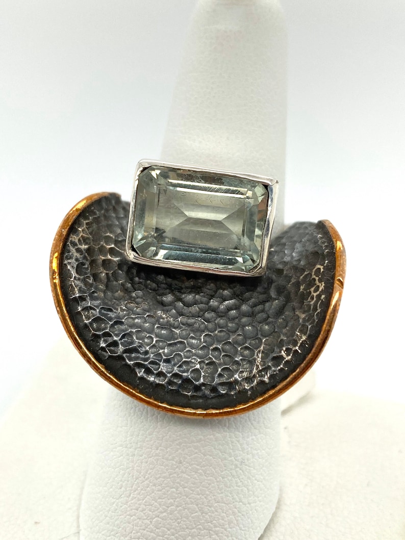 Artisan Abstract Modernist Green Amethyst Textured Sterling Silver Ring Sz 7.5 image 2