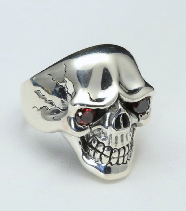 Bikerringshop Red Eyes Skull Ring - Solid .925 Sterling Silver Men's Ring With Garnet Red CZ Stones - View #6