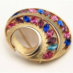 Vintage JJ Gold Tone Metal and Purple Pink Blue Rhinestones Brooch Pin