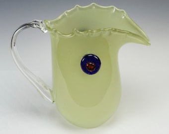 Vintage Murano Art Glass Pitcher Jarrón Pájaro Amarillo Soplado a Mano 10 "Decorativo