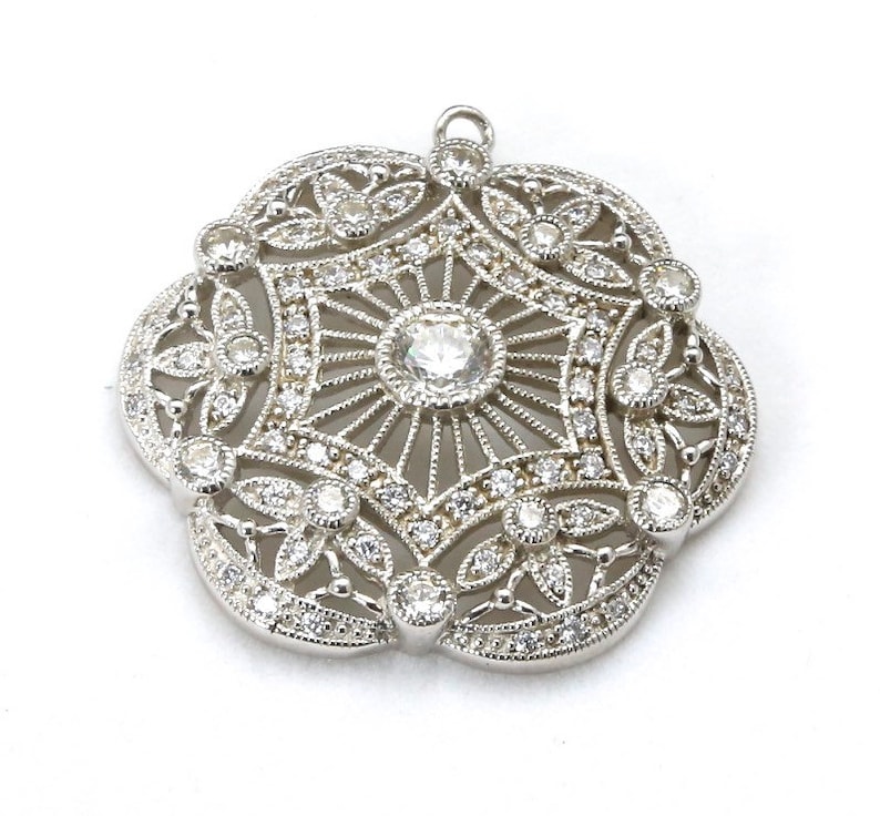 Vintage Large Cubic Zirconia Necklace Pendant Art Nouveau Style Sterling Silver