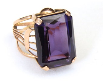 Vintage Huge Rectangular Amethyst & 12k Yellow Gold Unique Band Ring Sz 6.5