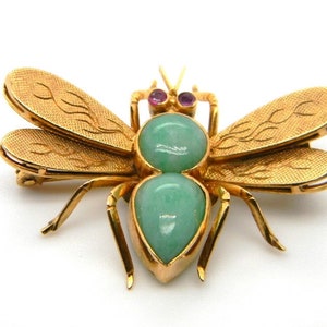 Vintage 14k Yellow Gold Jade Ruby Fly Insect Bee Pin Brooch Statement Hallmarked image 3