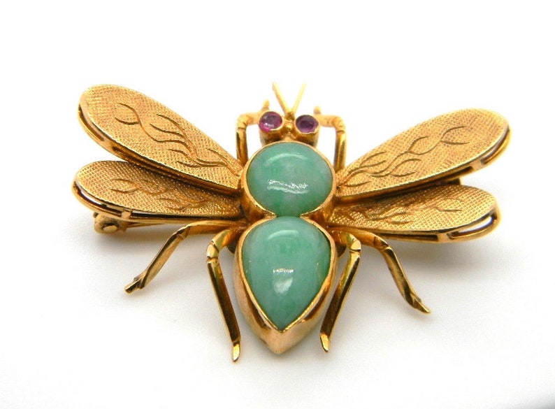 Vintage 14k Yellow Gold Jade Ruby Fly Insect Bee Pin Brooch Statement Hallmarked image 3