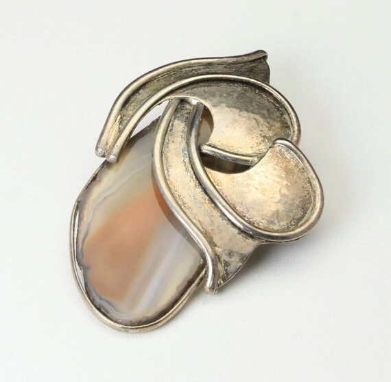 Vintage Handmade Silver and Agate Stone Slice Pin… - image 4