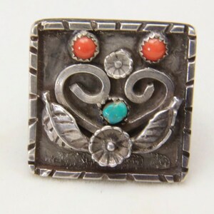 Vintage Unique Large Sterling Silver Square Platform Turquoise Coral Ring Sz 13 image 6