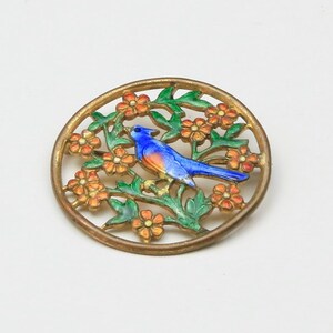 Vintage Enamel Blue Bird Circle Brooch Pin with Flowers & Branches Spring