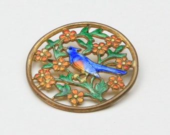 Vintage Enamel Blue Bird Circle Brooch Pin with Flowers & Branches Spring
