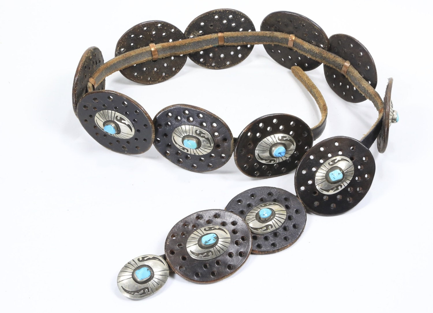Vintage Native American Hopi Leather Silver Turquoise Concho  display picture 2