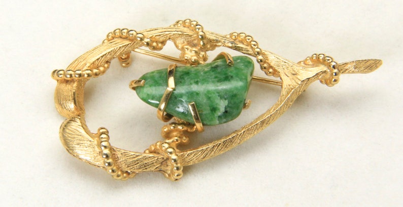 Vintage 1960s Large Wishbone Brooch Pin Gold Tone & Jadeite BSK Costume Jewelry image 3