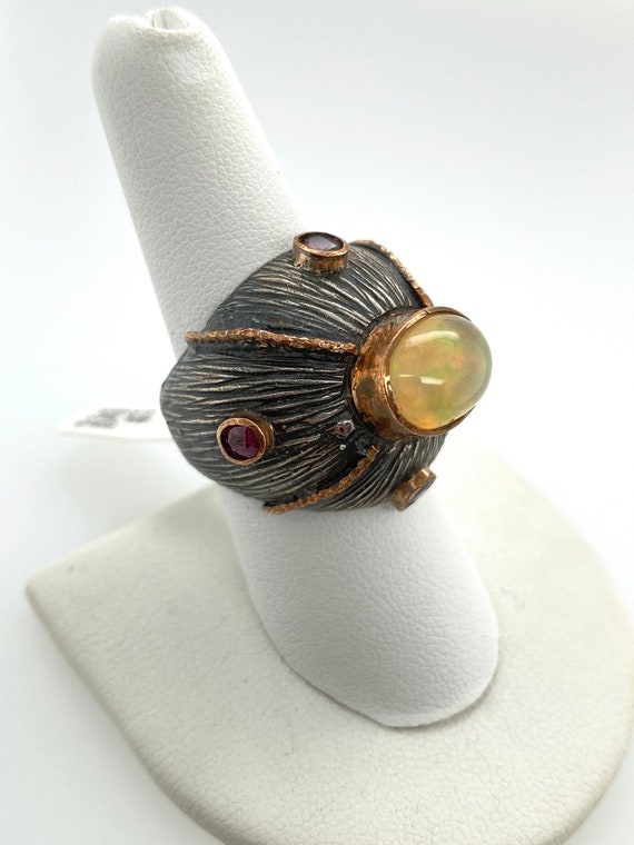 Artisan Abstract Ethiopian Opal Ruby Oxidized Ste… - image 1