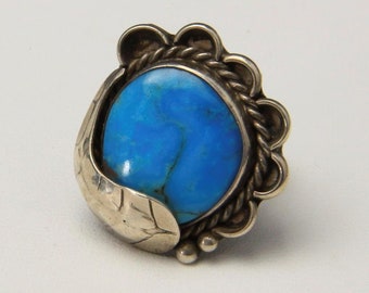 Vintage Sterling Silver & Bright Blue Turquoise Ring Leaf Southwestern Size 6.75