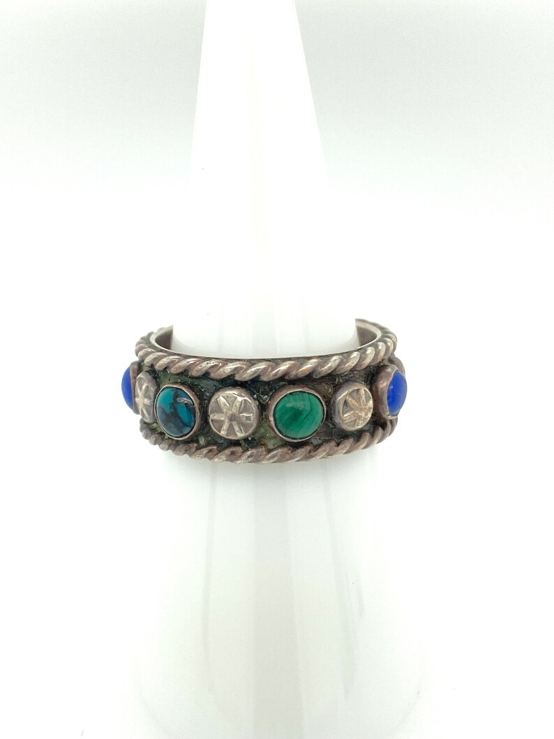 Vintage Artisan Edgar Platero Navajo Multi Stone Sterling Silver Band Ring Sz 8 Signed image 4