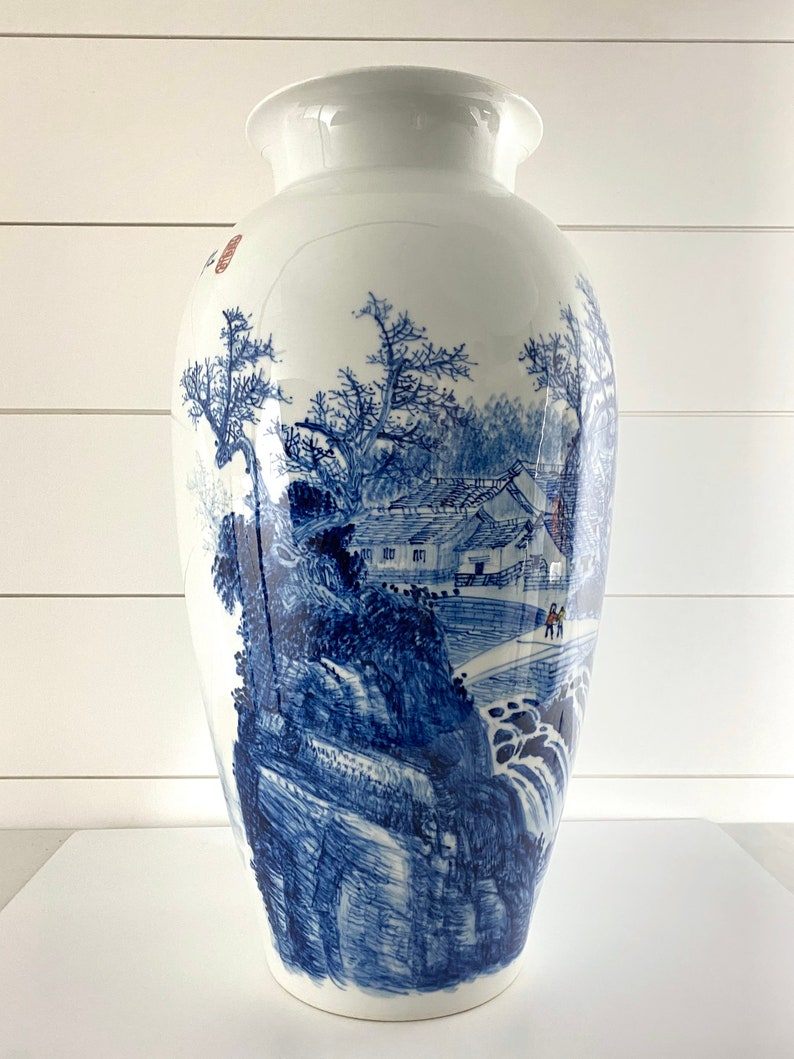 Vintage Huge Japanese Art Pottery Arita Asian Blue White Porcelain Vase Signed image 3