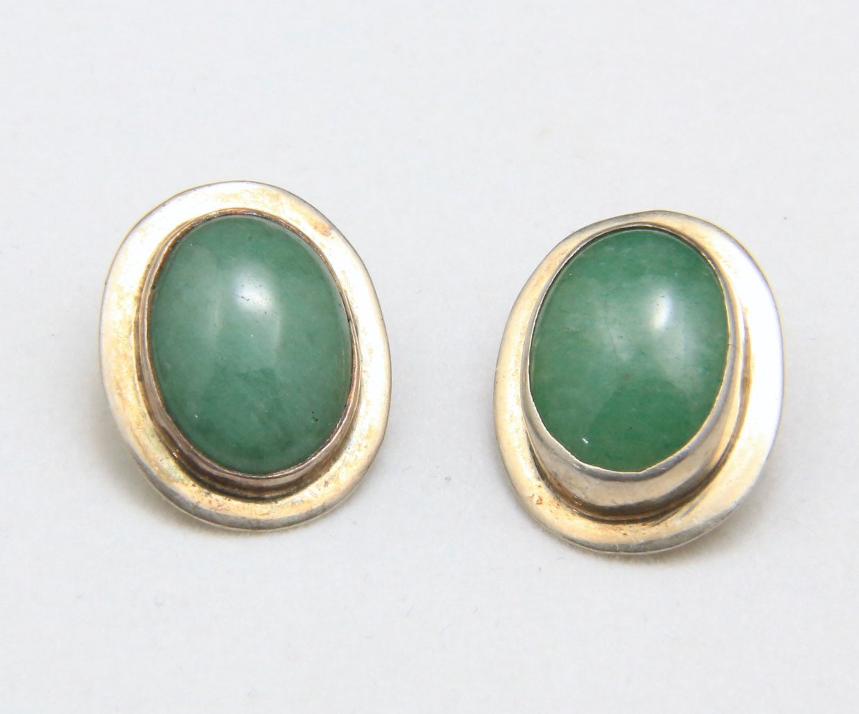 Vintage Mexico Sterling Silver & Green Aventurine Clip Back Earrings Signed AIS