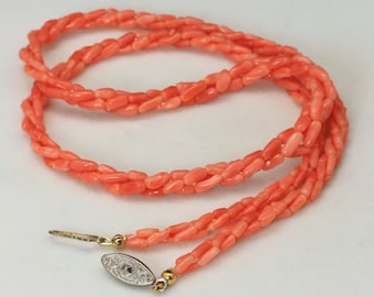 Vintage Angel Skin Coral Three Strand Twist Necklace
