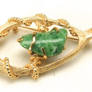 Vintage 1960s Large Wishbone Brooch Pin Gold Tone & Jadeite BSK Costume Jewelry image 2