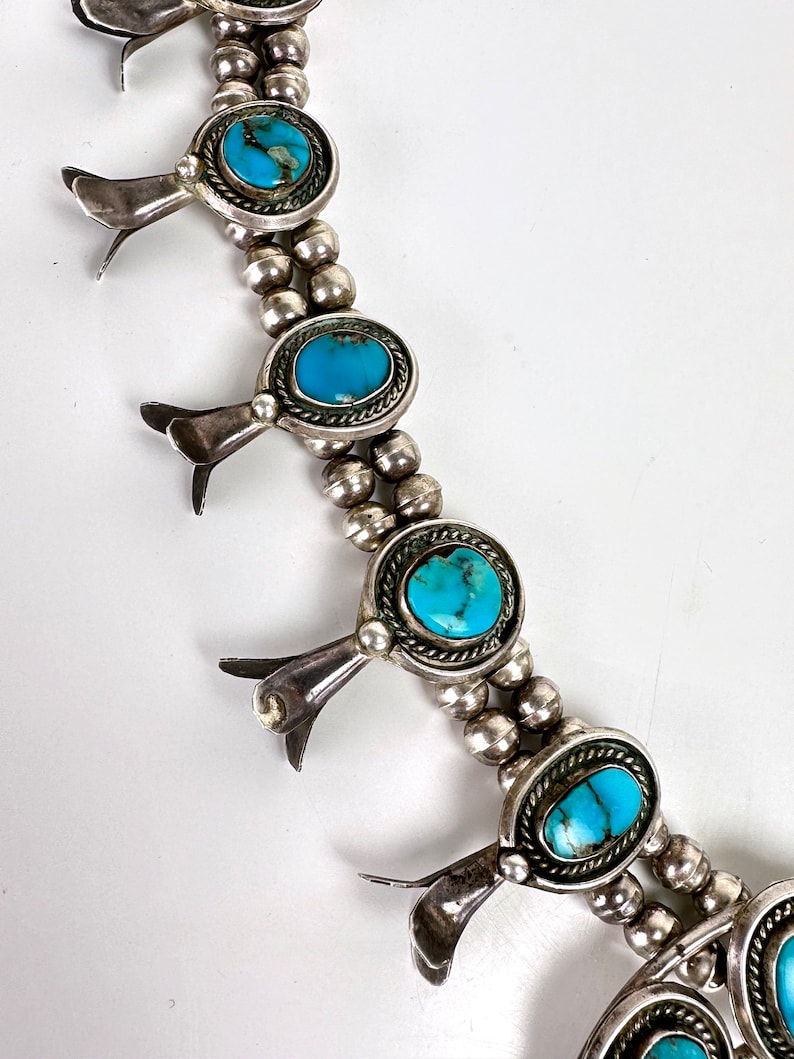Vintage Navajo Old Pawn Turquoise Sterling Silver Squash Blossom Naja Necklace image 4