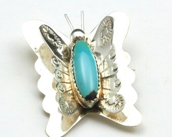 Vintage Navajo Sterling Silver & Turquoise Butterfly Pin Spilla o Pendente Gioielli artigianali nativi americani