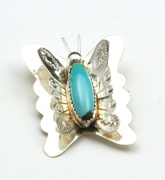 Detailed Vintage Native American Navajo Turquoise Butterfly Sterling Silver Ring Detailed Vintage Native American Navajo Turquoise Butterfly Sterling Silver Ring