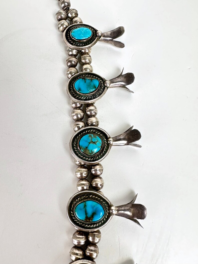 Vintage Navajo Old Pawn Turquoise Sterling Silver Squash Blossom Naja Necklace image 5