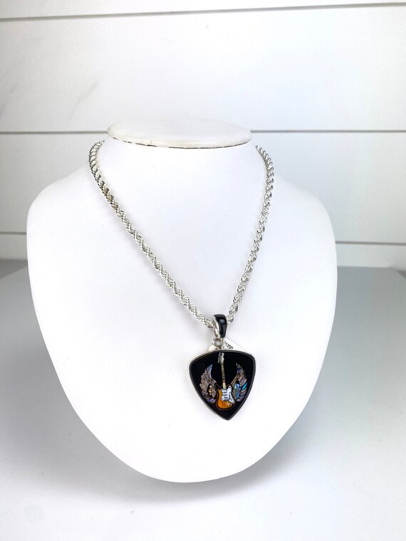 Rare Inlaid Gemstone Winged Guitar Pendant by David Freeland Rare Inlaid Gemstone Winged Guitar Pendant by David Freeland