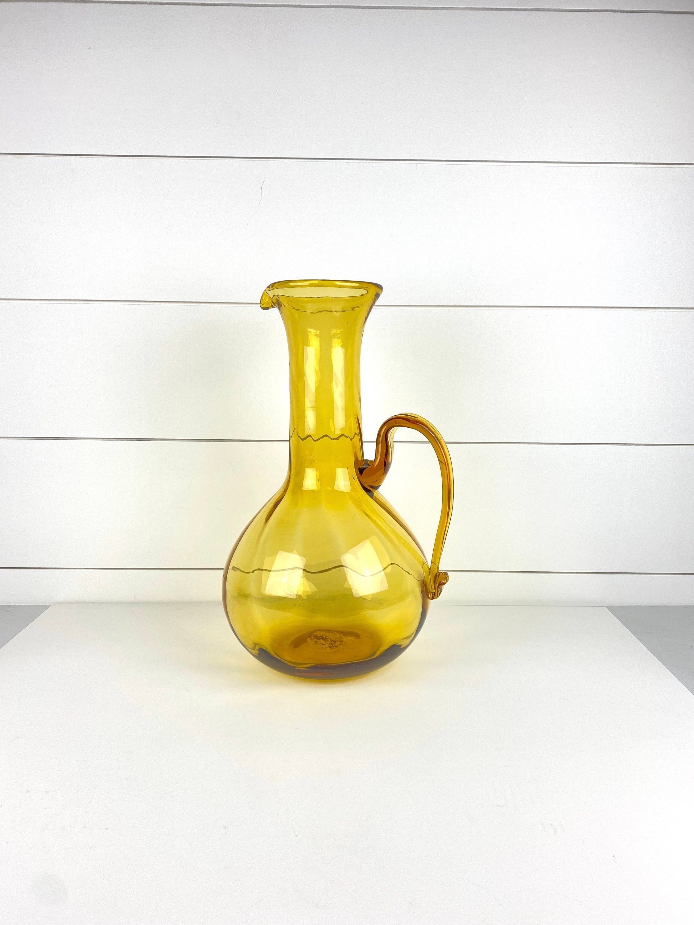 Vintage Blenko Large Art Glass Pitcher Vase Amber Mid Century